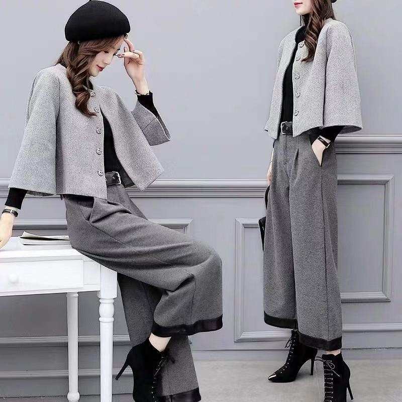 Set din lână două piese: geacă scurtă și pantaloni cu croială largă, uni, toamnă-iarnă, amestec lână-poliester-acril