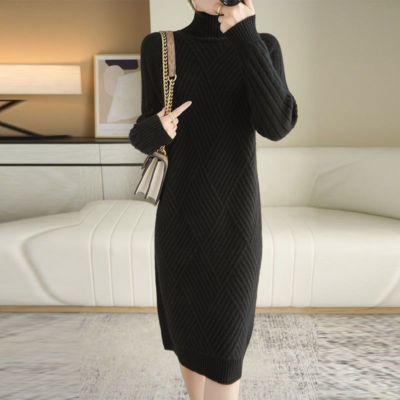 Rochie-pulover din tricot gros cu guler mock neck, mâneci lungi, croială lejeră, poliester, toamna 2023