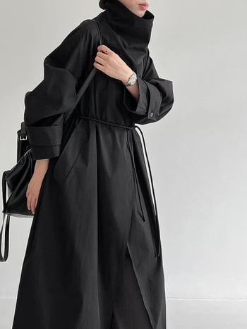 Palton-jachetă de damă, lungime medie, guler cu rever, croială lejeră, cordon talie