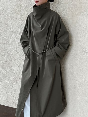 Palton-jachetă de damă, lungime medie, guler cu rever, croială lejeră, cordon talie