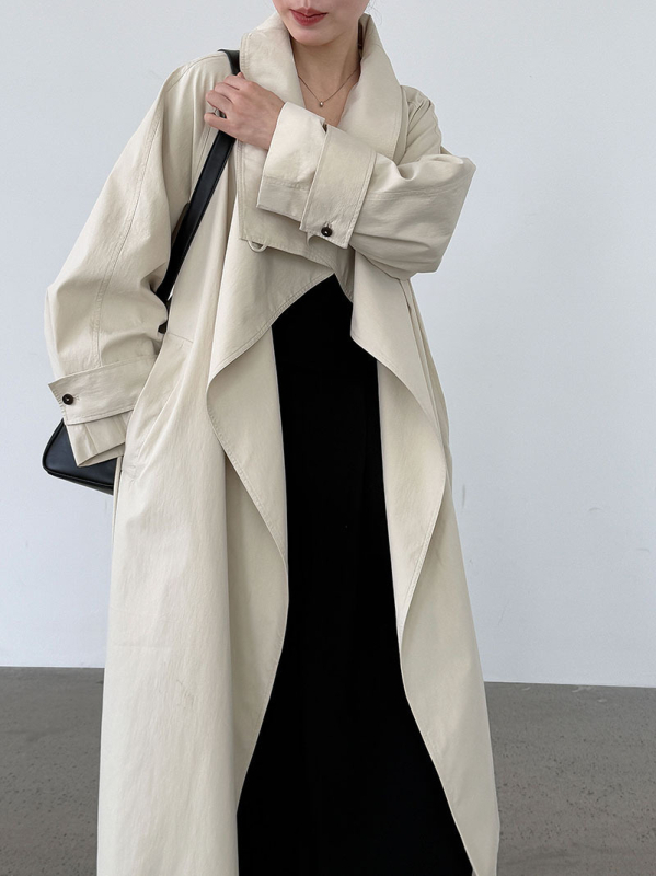 Palton-jachetă de damă, lungime medie, guler cu rever, croială lejeră, cordon talie