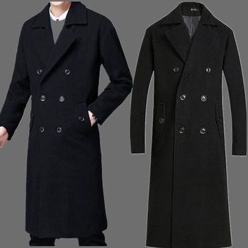 Palton lung din lână pentru bărbați, cu nasturi dubli, guler de sacou, fără glugă, căptușeală ușoară pentru iarnă, culoare solidă