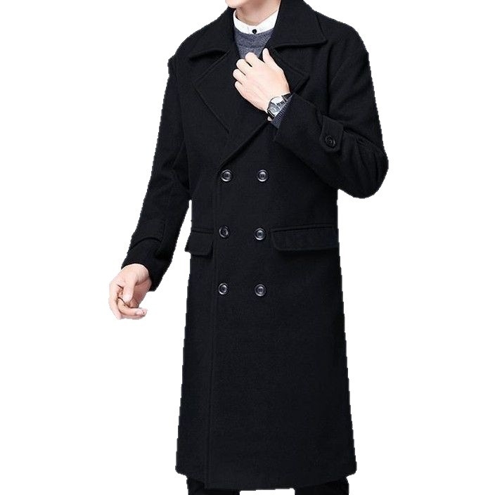 Palton lung din lână pentru bărbați, cu nasturi dubli, guler de sacou, fără glugă, căptușeală ușoară pentru iarnă, culoare solidă