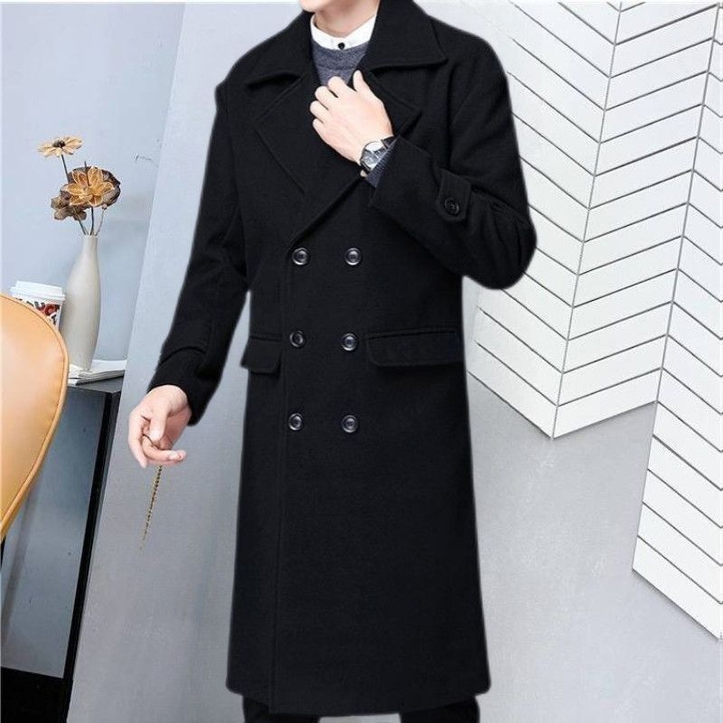 Palton lung din lână pentru bărbați, cu nasturi dubli, guler de sacou, fără glugă, căptușeală ușoară pentru iarnă, culoare solidă