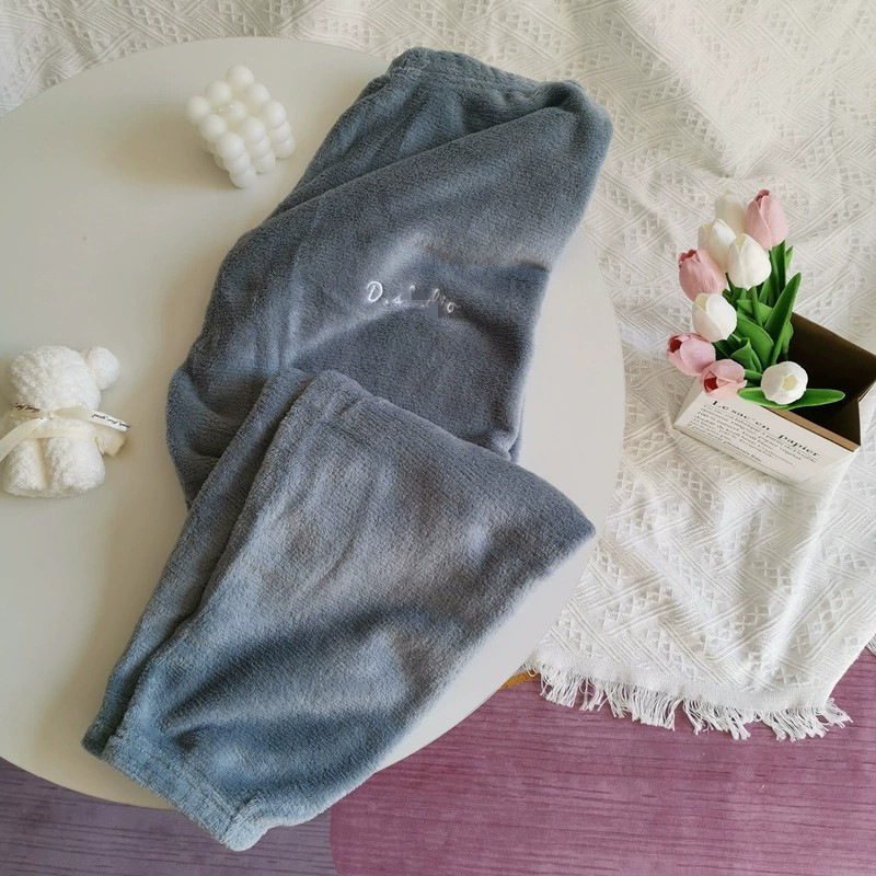 Pantaloni de casă călduroși, din fleece coral, căptușiți, talie medie, croială largă, croi relaxat