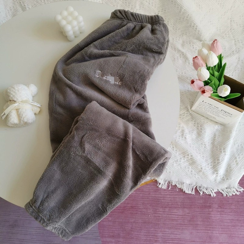 Pantaloni de casă călduroși, din fleece coral, căptușiți, talie medie, croială largă, croi relaxat