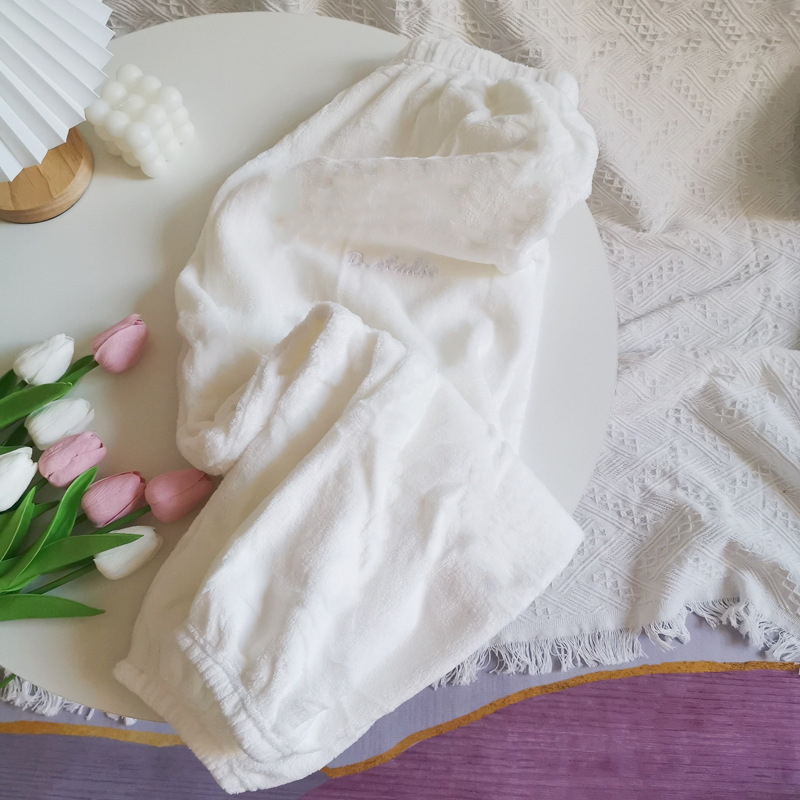 Pantaloni de casă călduroși, din fleece coral, căptușiți, talie medie, croială largă, croi relaxat