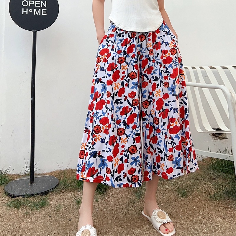 Pantaloni femei cu croi larg, lungime cropped, imprimeu floral, ușori, din amestec viscose