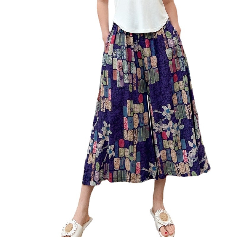 Pantaloni femei cu croi larg, lungime cropped, imprimeu floral, ușori, din amestec viscose