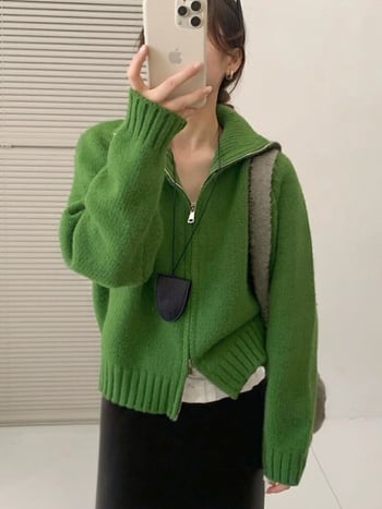 Cardigan damă cu fermoar dublu, poliester, croială regulată, mâneci lungi, lungime 50–65 cm