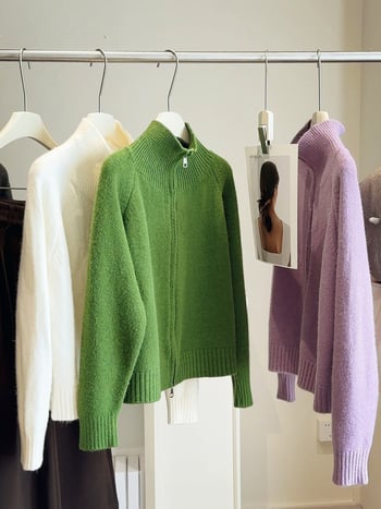 Cardigan damă cu fermoar dublu, poliester, croială regulată, mâneci lungi, lungime 50–65 cm