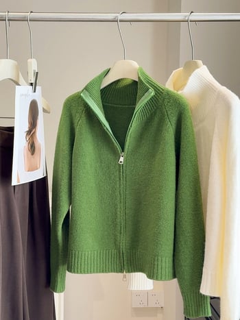 Cardigan damă cu fermoar dublu, poliester, croială regulată, mâneci lungi, lungime 50–65 cm