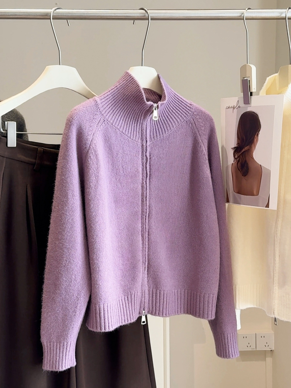 Cardigan damă cu fermoar dublu, poliester, croială regulată, mâneci lungi, lungime 50–65 cm