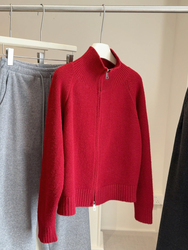 Cardigan damă cu fermoar dublu, poliester, croială regulată, mâneci lungi, lungime 50–65 cm