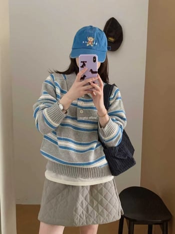 Pulover tricotat cu glugă și polo pentru femei, 50–70% bumbac, grosime medie, model 3D, croială lejeră, mâneci lungi, toamnă 2025, stil colegiu