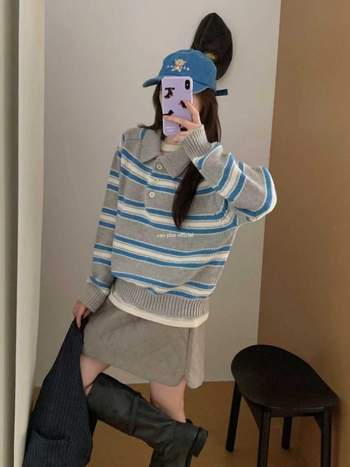 Pulover tricotat cu glugă și polo pentru femei, 50–70% bumbac, grosime medie, model 3D, croială lejeră, mâneci lungi, toamnă 2025, stil colegiu