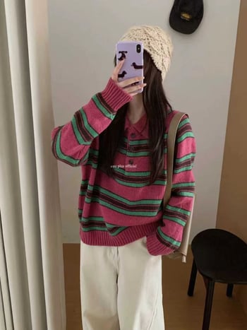 Pulover tricotat cu glugă și polo pentru femei, 50–70% bumbac, grosime medie, model 3D, croială lejeră, mâneci lungi, toamnă 2025, stil colegiu