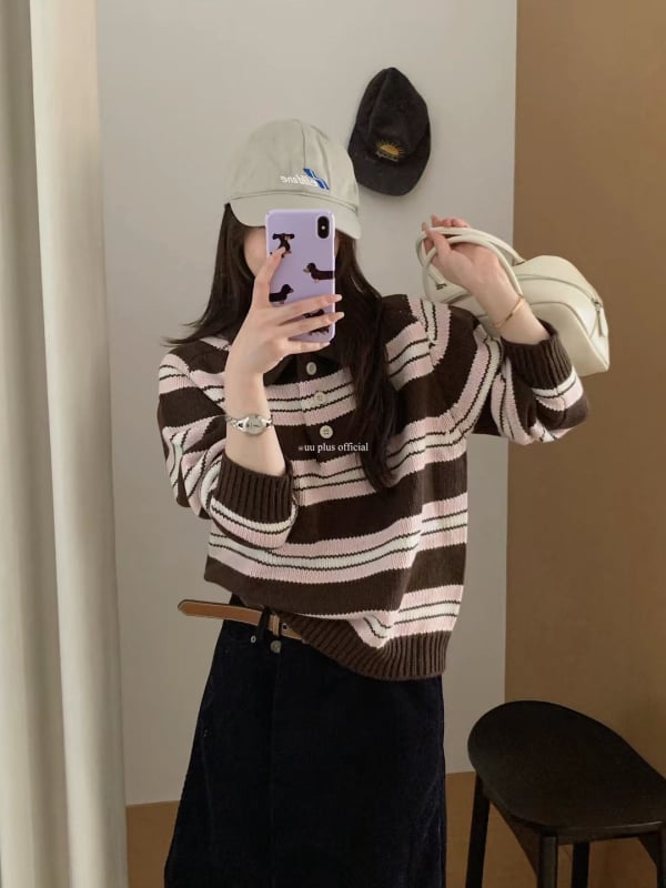 Pulover tricotat cu glugă și polo pentru femei, 50–70% bumbac, grosime medie, model 3D, croială lejeră, mâneci lungi, toamnă 2025, stil colegiu