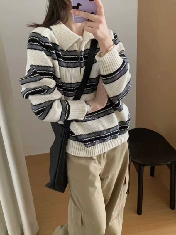 Pulover tricotat cu glugă și polo pentru femei, 50–70% bumbac, grosime medie, model 3D, croială lejeră, mâneci lungi, toamnă 2025, stil colegiu