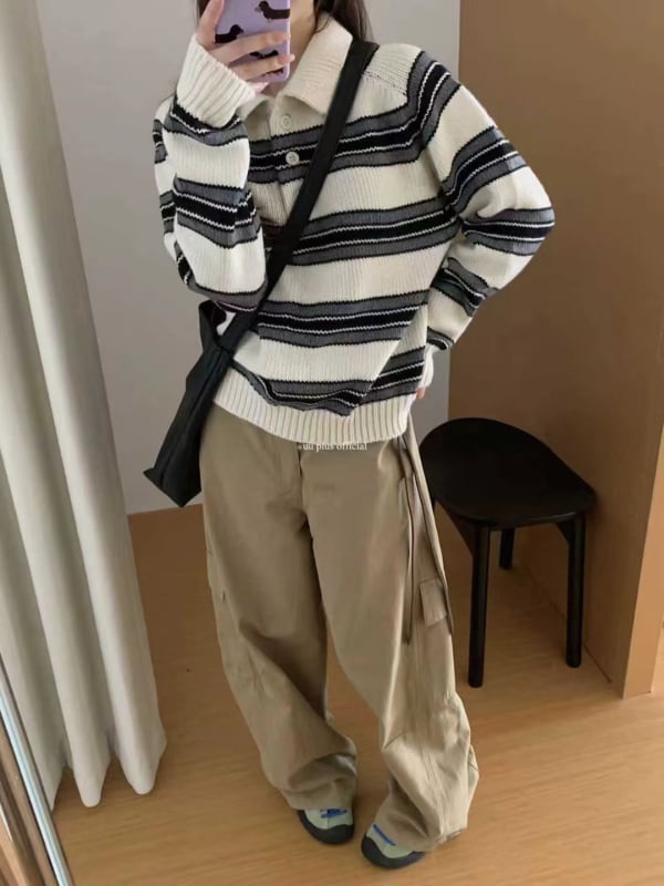 Pulover tricotat cu glugă și polo pentru femei, 50–70% bumbac, grosime medie, model 3D, croială lejeră, mâneci lungi, toamnă 2025, stil colegiu