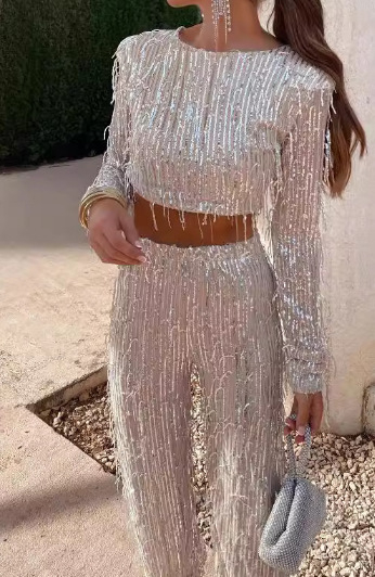 Sequin tassel top i kostim s širokim hlačama, poliester, ukrašeni perlicama, dugi rukavi, proljeće 2025