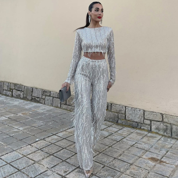 Sequin tassel top i kostim s širokim hlačama, poliester, ukrašeni perlicama, dugi rukavi, proljeće 2025