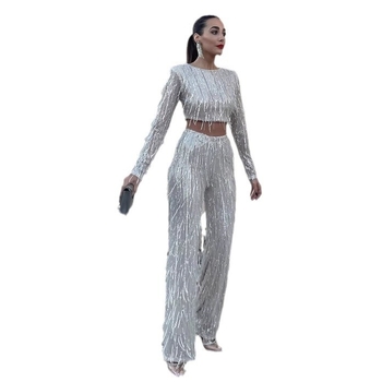 Sequin tassel top i kostim s širokim hlačama, poliester, ukrašeni perlicama, dugi rukavi, proljeće 2025
