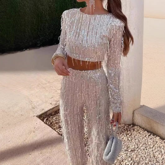 Sequin tassel top i kostim s širokim hlačama, poliester, ukrašeni perlicama, dugi rukavi, proljeće 2025