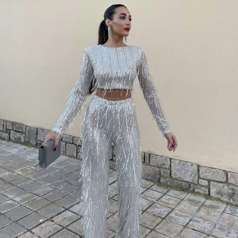 Sequin tassel top i kostim s širokim hlačama, poliester, ukrašeni perlicama, dugi rukavi, proljeće 2025