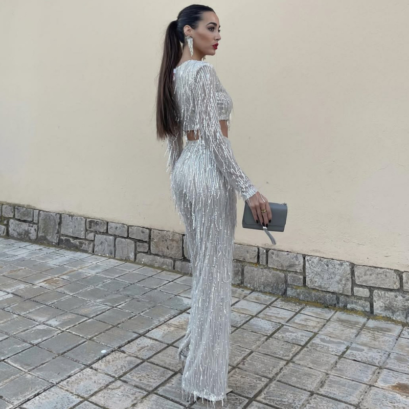 Sequin tassel top i kostim s širokim hlačama, poliester, ukrašeni perlicama, dugi rukavi, proljeće 2025