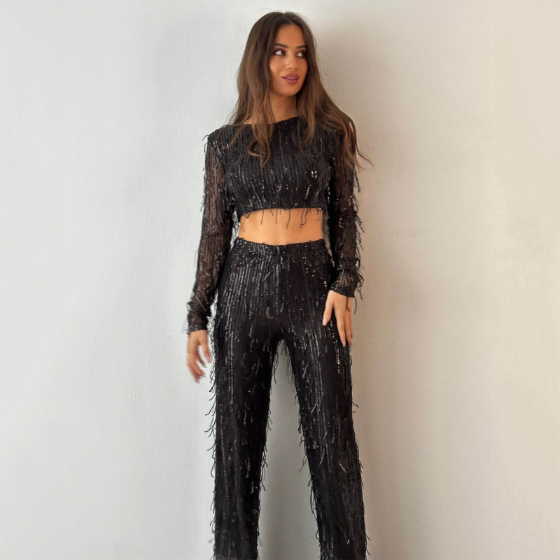 Sequin tassel top i kostim s širokim hlačama, poliester, ukrašeni perlicama, dugi rukavi, proljeće 2025