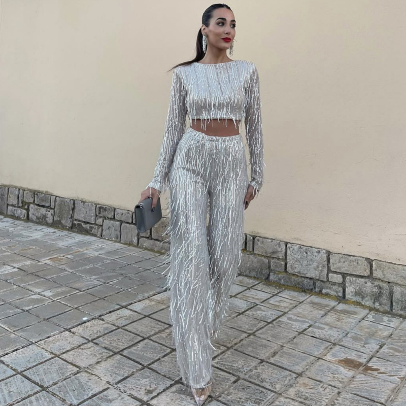 Sequin tassel top i kostim s širokim hlačama, poliester, ukrašeni perlicama, dugi rukavi, proljeće 2025