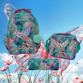 Sellő mintájú iskolai hátizsák gyerekeknek – gerincvédő, nagy kapacitású, háromrészes készlet, levegő párnás vállpántok, Oxford anyag