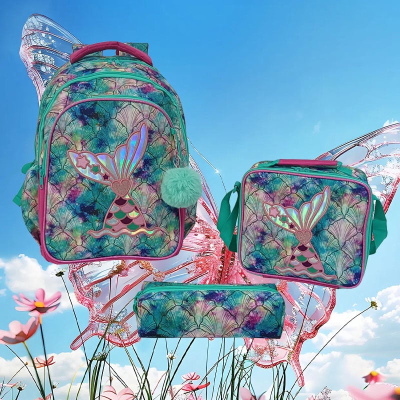 Sellő mintájú iskolai hátizsák gyerekeknek – gerincvédő, nagy kapacitású, háromrészes készlet, levegő párnás vállpántok, Oxford anyag