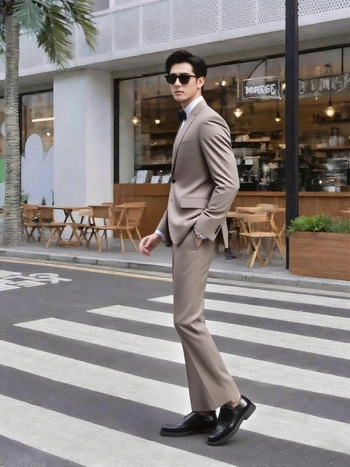 Ανδρικό κοστούμι σε στενή γραμμή — σακάκι με δύο κουμπιά, επίπεδο πέτο, πίσω κεντρική σχισμή, ύφασμα από μείγμα ινών χημικών με 78% πολυεστέρα, τετραεποχικό επίσημο ένδυμα