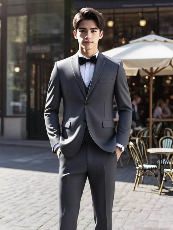 Ανδρικό κοστούμι σε στενή γραμμή — σακάκι με δύο κουμπιά, επίπεδο πέτο, πίσω κεντρική σχισμή, ύφασμα από μείγμα ινών χημικών με 78% πολυεστέρα, τετραεποχικό επίσημο ένδυμα