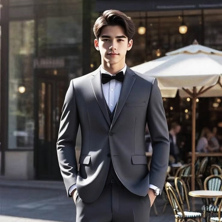 Ανδρικό κοστούμι σε στενή γραμμή — σακάκι με δύο κουμπιά, επίπεδο πέτο, πίσω κεντρική σχισμή, ύφασμα από μείγμα ινών χημικών με 78% πολυεστέρα, τετραεποχικό επίσημο ένδυμα