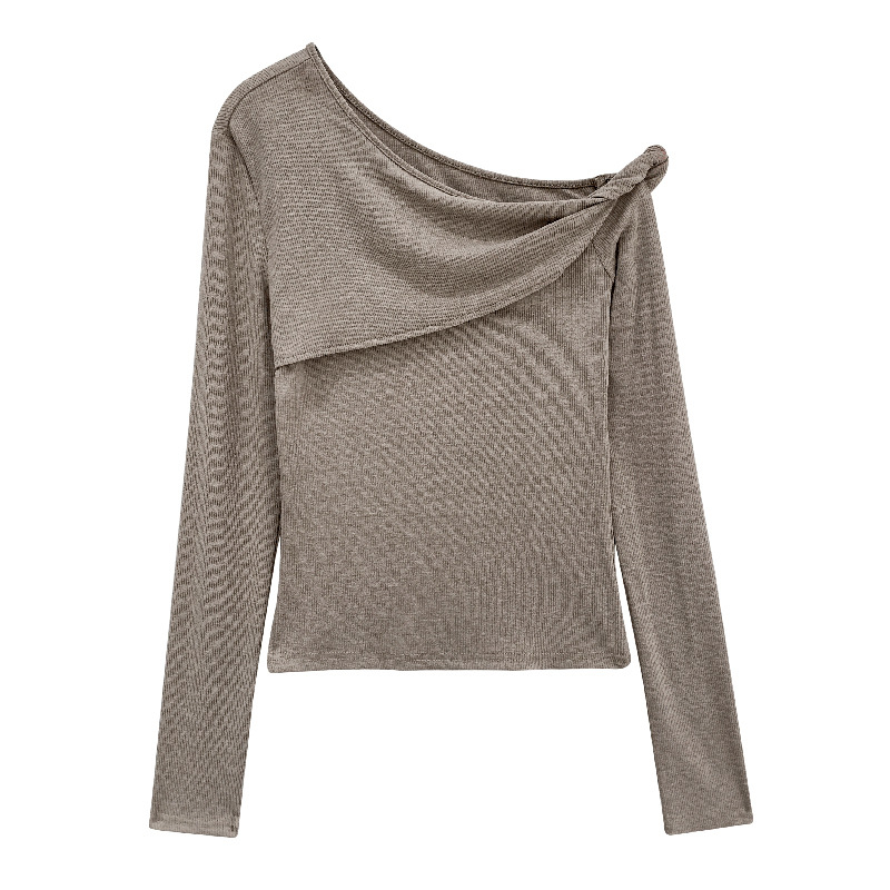 Top za donji sloj s otvorenim ramenima, dugi rukav, Twist dizajn, dijagonalni ovratnik, pulover, mješavina viskoze i poliestera