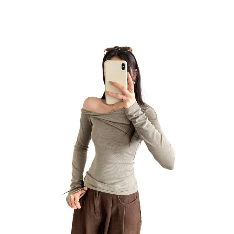 Top za donji sloj s otvorenim ramenima, dugi rukav, Twist dizajn, dijagonalni ovratnik, pulover, mješavina viskoze i poliestera