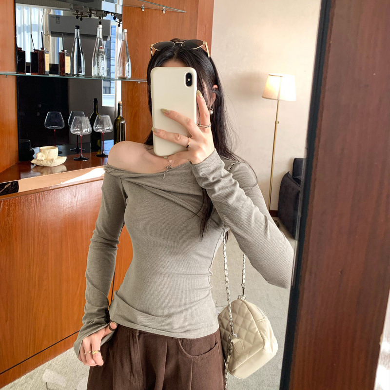 Top za donji sloj s otvorenim ramenima, dugi rukav, Twist dizajn, dijagonalni ovratnik, pulover, mješavina viskoze i poliestera