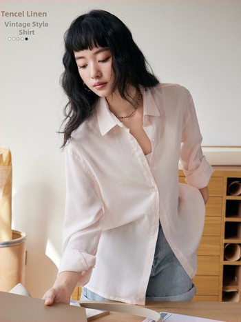 Ženska košulja od Tencel-Linen, opušteni kroj, duge rukave, 80–90% Tencel Lyocell, ispod 30% pamuka, srednja duljina, prednje kopčanje u jednom redu kopči