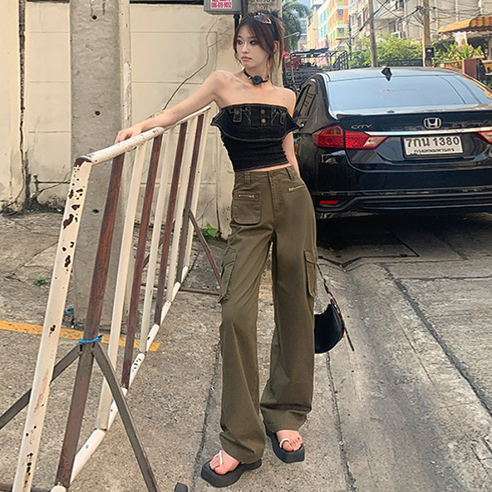 Дамски ежедневни панталони с широки крачоли, пролет 2024, спандексова смесена материя, свободен силует, ретро американски стил