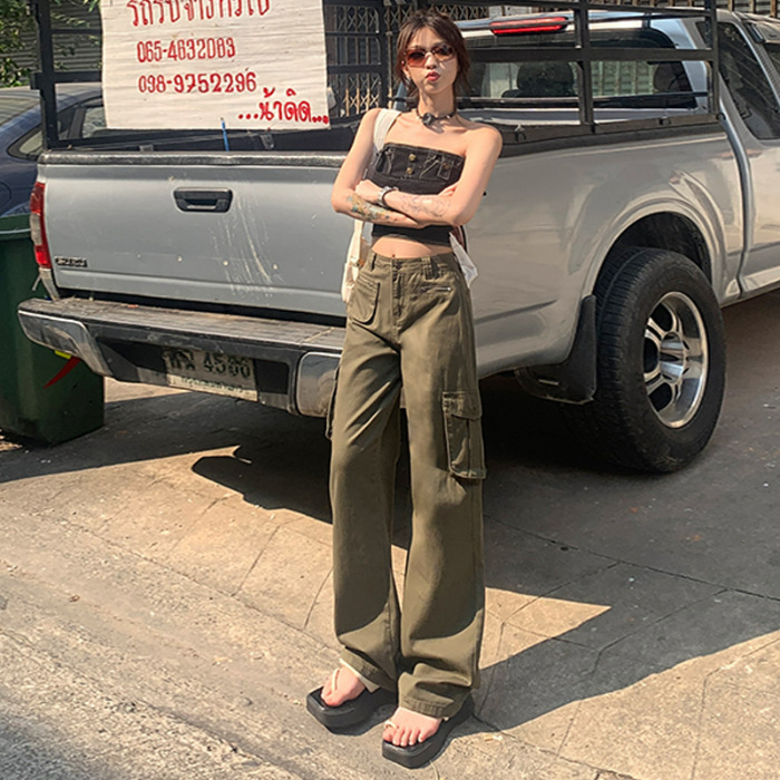 Дамски ежедневни панталони с широки крачоли, пролет 2024, спандексова смесена материя, свободен силует, ретро американски стил