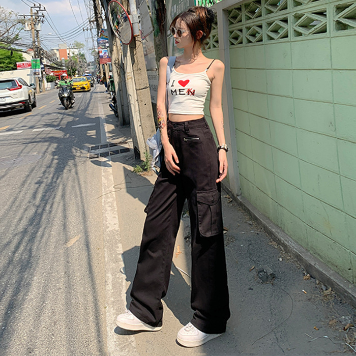 Дамски ежедневни панталони с широки крачоли, пролет 2024, спандексова смесена материя, свободен силует, ретро американски стил