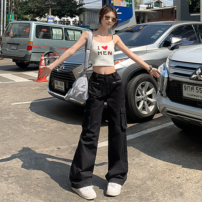 Дамски ежедневни панталони с широки крачоли, пролет 2024, спандексова смесена материя, свободен силует, ретро американски стил