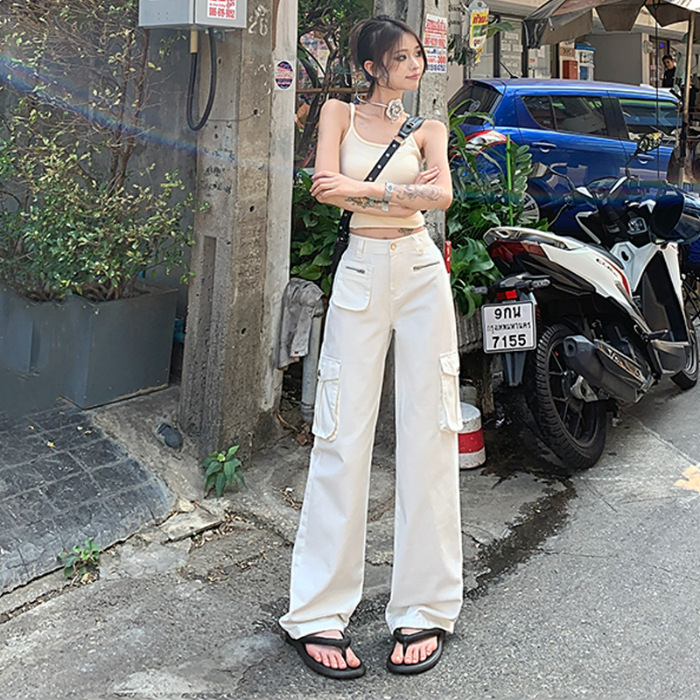 Дамски ежедневни панталони с широки крачоли, пролет 2024, спандексова смесена материя, свободен силует, ретро американски стил