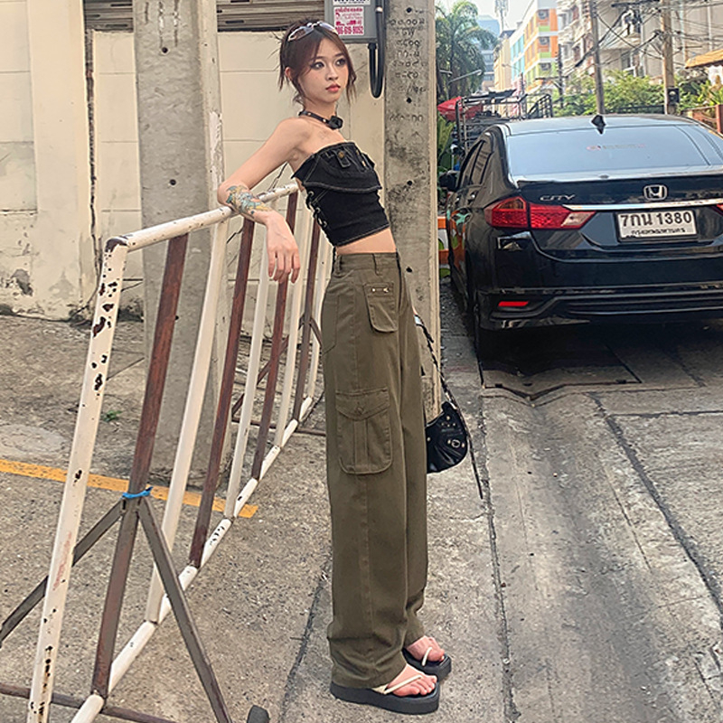 Дамски ежедневни панталони с широки крачоли, пролет 2024, спандексова смесена материя, свободен силует, ретро американски стил