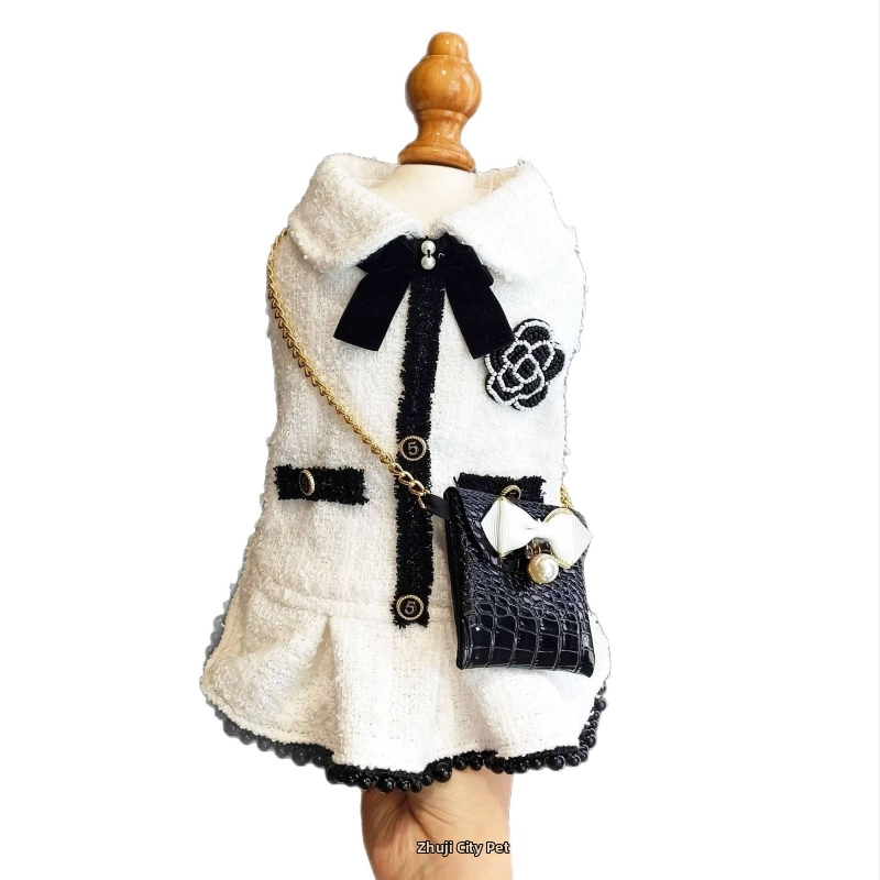 Jaket pre psa v Chanel štýle, čierno-biely tweed, psí plášť, oblečenie pre domáce zvieratá