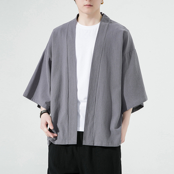 Мъжко палто в китайски стил, ленено-памучна тъкан (61–65% лен), къс модел (40–50 см), лацканова яка, свободен силует