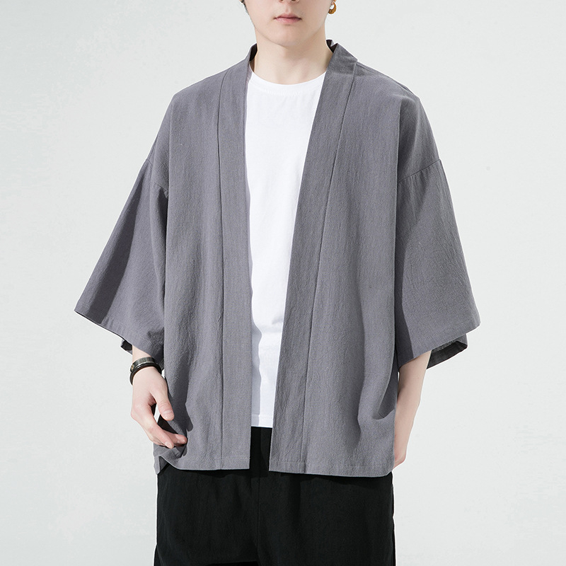 Мъжко палто в китайски стил, ленено-памучна тъкан (61–65% лен), къс модел (40–50 см), лацканова яка, свободен силует